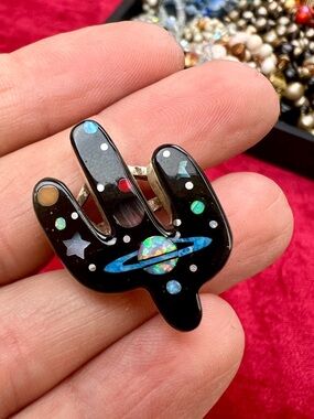 Sterling Micro Inlay Cactus Ring, Signed, Sz 11, Cosmic Galaxy 925 Stone, Native